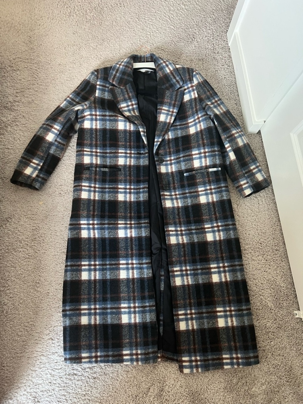 H&M Plaid Long Pea Coat in Black, Gray & Blue